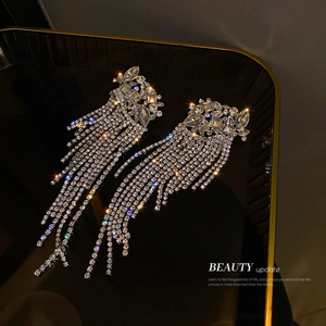 Alloy Rhinestone Flower Long Tassel Dangle Earrings With Silver Earring Post Exaggerated Elegant Wedding Party For Women