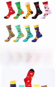 Detailed grid of cotton crew socks featuring diverse colorful snack and beverage patterns