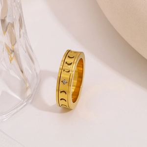 Rotating 18K gold-plated stainless steel ring with moon phases and clear zircon