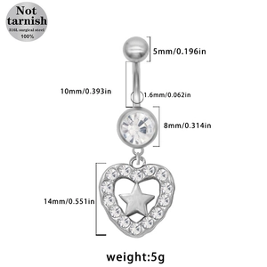 Tableau des tailles détaillé pour piercing de nombril en acier 316L avec pendentif