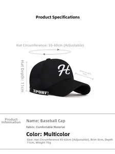 Detailed size chart of black embroidered baseball cap showing adjustable circumference