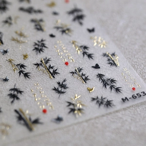 Bamboo and butterfly pattern embossed gold nail stickers M-653 with detailed texture