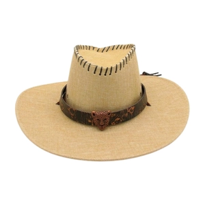 Western straw cowboy hat with leopard metal emblem and wide brim in beige color