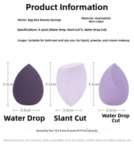 Detailed size chart of four different shaped makeup sponges in a plastic egg carton container