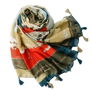 Écharpe vintage en coton avec lignes dorées, motifs à l'encre et pompons à franges