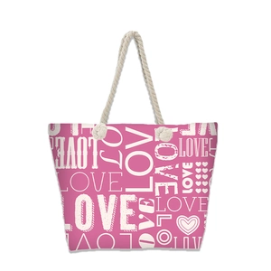 Pink canvas beach tote bag with white love prints and cotton rope handles
