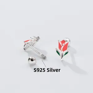 Detail of S925 silver tulip earrings showing threaded back and secure screw ball closure
