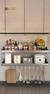 Space-saving gunmetal grey kitchen wall rack featuring double layers and hooks for utensils