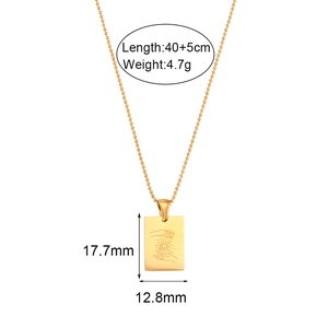 18K gold plated stainless steel square pendant necklace with sun and hand relief design