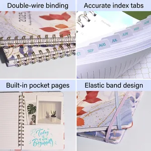 2025 A5 floral spiral planner with monthly index tabs and elastic closure strap