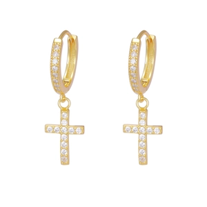 Luxurious S925 sterling silver gold hoop earrings with sparkling cross pendant and zircon
