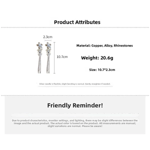 Detail view of silver floral tassel earrings with dimensions and S925 needle specs