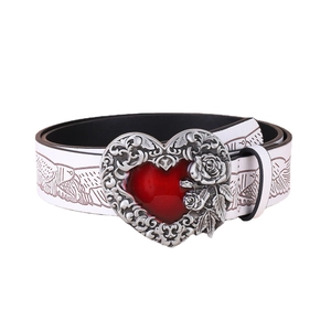 Vintage white PU leather belt featuring antique silver heart buckle with red heart detail
