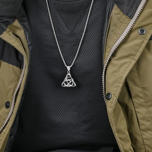 Vintage Nordic Viking Triquetra pendant necklace with silver box chain on model