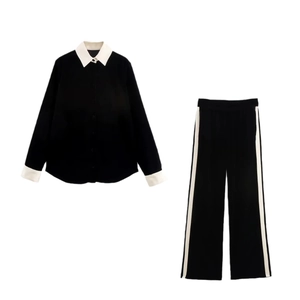 Ensemble deux pièces en velours noir pour femme avec bordures blanches contrastées