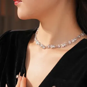 Luxury silver-tone necklace featuring rectangular zircon patchwork and branch design
