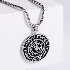 Vintage Viking zodiac sun pendant necklace in aged silver stainless steel with box chain