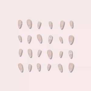 Almond French press-on nails in nude pink with 3D bows and pearls 24pcs set