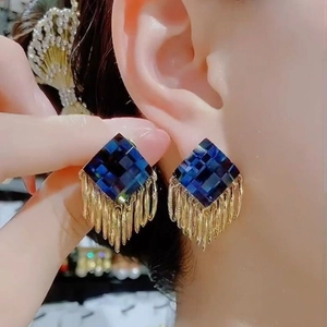 Chic Royal Blue Rhinestone Rhombus Tassel Drop Earrings With 925 Sterling Silver Earring Post Gold Plated Women Jewelry