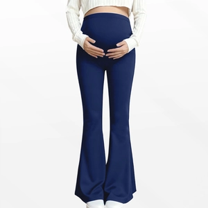Front view of navy blue maternity flared yoga pants with high waist support design