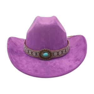 Close-up of a purple suede cowboy hat featuring an ornate band with turquoise stone inlay