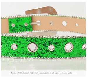 Detailed macro view of green sequin belt with silver eyelets and punk style Y2K metal buckle