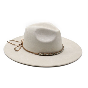 Detail of beige fedora hat with bohemian brown cord and colorful beaded trim