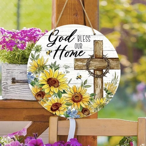 Rustikales Holzschild God Bless Our Home mit Sonnenblumen und Kreuz für Bauernhaus-Deko
