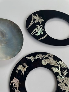 Handcrafted mother-of-pearl inlay hairpins with traditional floral and crane patterns