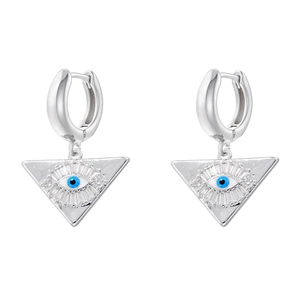 Detail of silver triangle evil eye earrings with blue pupil and white cubic zirconia