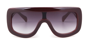 Detail view of bold wine red aviator sunglasses with gradient grey lenses and thick temples