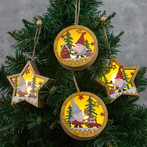 Christmas Wooden LED Hanging Ornaments Star Round Xmas Tree Gnome Scene Decor For Holiday Home