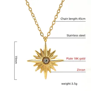 Detailed macro view of 18K gold plated stainless steel starburst pendant with central zircon