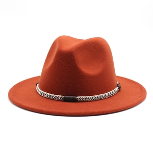 Close-up of orange wool fedora hat featuring a detailed woven decorative rope band