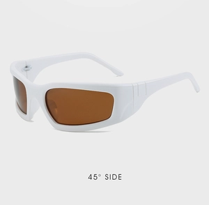 Detailed 45-degree side view of white cycling sunglasses with brown lenses in Y2K style