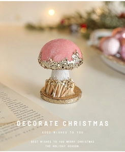 Close-up of velvet mushroom ornament with gold glitter details for Christmas decor