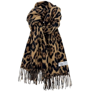 Classic leopard print scarf with cashmere texture and elegant fringe on white background