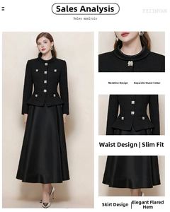 Détails de la veste en tweed noir à boutons bijoux et jupe longue en satin élégante