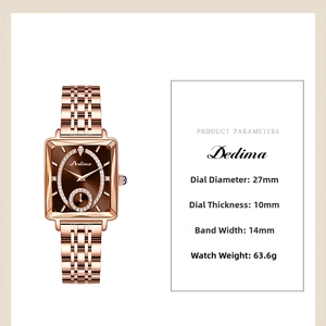 Detailed dimensions of rose gold square watch with crystal bezel and brown dial