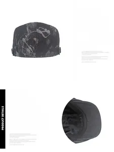 Detail of dark grey newsboy cap showing adjustable metal buckle and woven texture