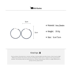 Detailed size chart for blue denim wrapped round hoop earrings showing 5cm diameter and iron base