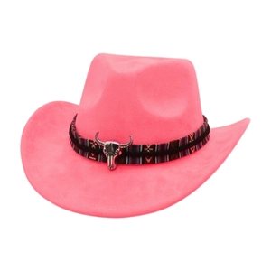 Detail of a bright pink wide-brimmed cowboy hat featuring an ethnic band and bull skull