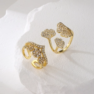 Elegant 18K gold plated crown and ginkgo leaf open rings with cubic zirconia crystals