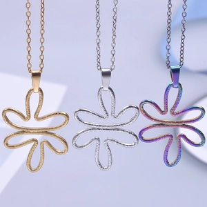 Flower pendant necklaces in gold, silver and rainbow finish with hollow petal design