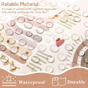 Close-up showing waterproof PET material with water droplets on rainbow border sticker