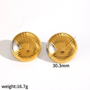 Minimalist round stainless steel stud earrings with 18k gold textured radial finish