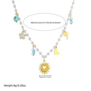 Elegante Perlenkette mit blauen Herz- und Blumenanhängern, 40cm verstellbare Länge