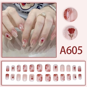 Elegant red rose floral press-on nails set with French style gradient pink finish