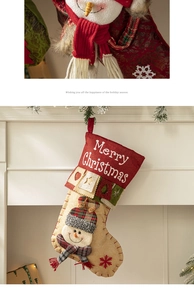 Detail of Christmas stocking featuring a 3D snowman doll and embroidered festive patterns