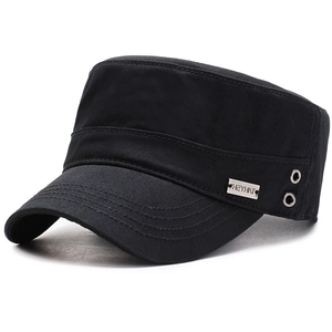 Black cotton cadet cap with flat top and HEYHAT metal plate shown from a side view